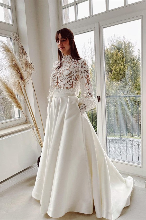 Long Sleeves Bridal Dress Lace Satin Skirt With Pockets