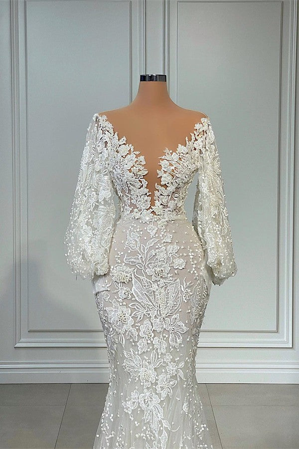 Long Sleeves Bridal Gowns Mermaid With Lace Appliques