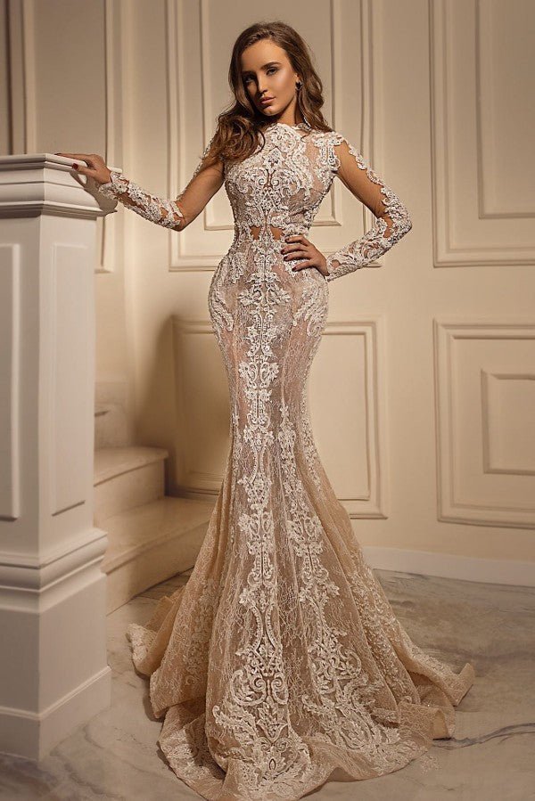 Long Sleeves Lace Wedding Dress Mermaid Long