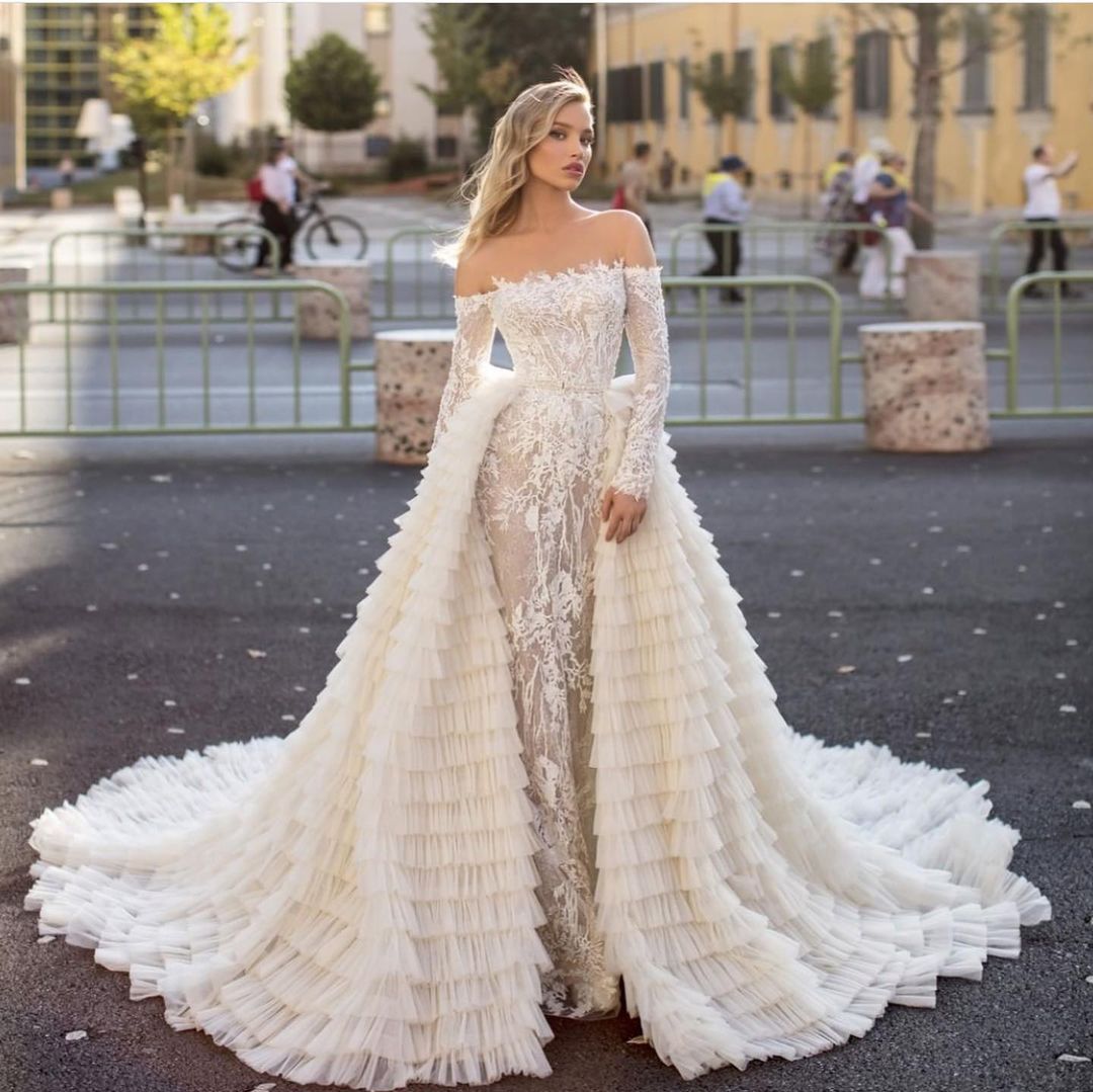 Long Sleeves Off-the-Shoulder Wedding Dress Mermaid With Overskirt