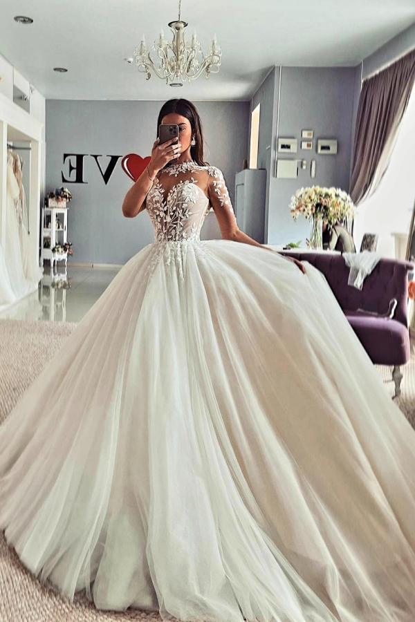 Long Sleeves Tulle Wedding Dress Princess With Appliques