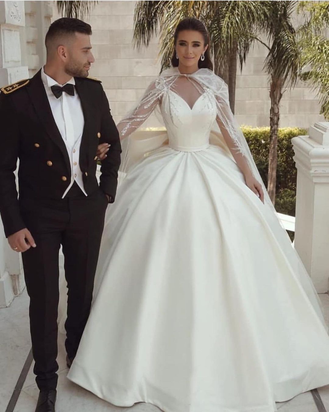 Long Sleeves V-Neck Ball Gown Satin Wedding Dress With Sequins