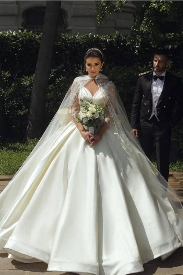 Long Sleeves V-Neck Ball Gown Satin Wedding Dress With Sequins