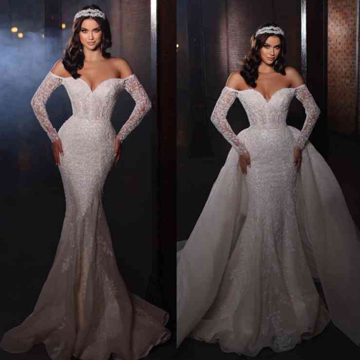 Long Sleeves Wedding Dress Lace Mermaid With Detachable Skirt