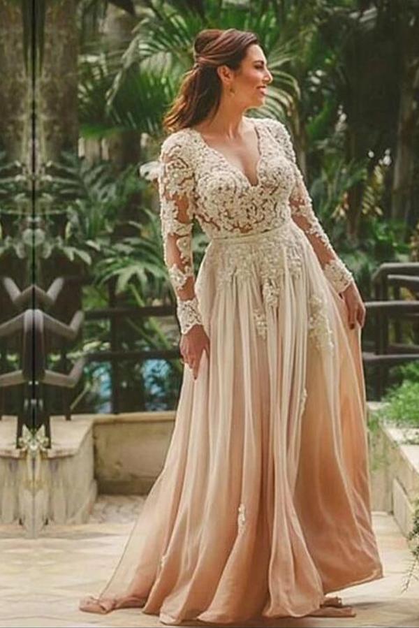 Long Sleeves Wedding Dress Lace V-Neck On Sale