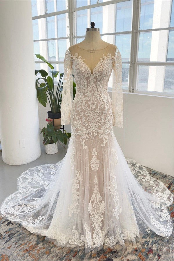 Long Sleeves Wedding Dress Mermaid Tulle Lace Appliques