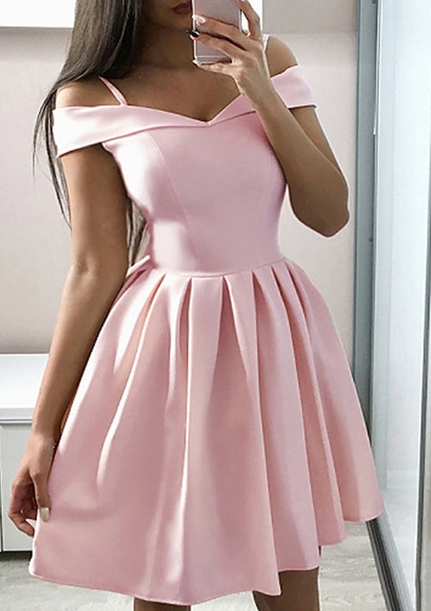 Look Pretty in a Short Elegant A-line Off-the-Shoulder Sleeveless Satin Homecoming Dress With Ruffles