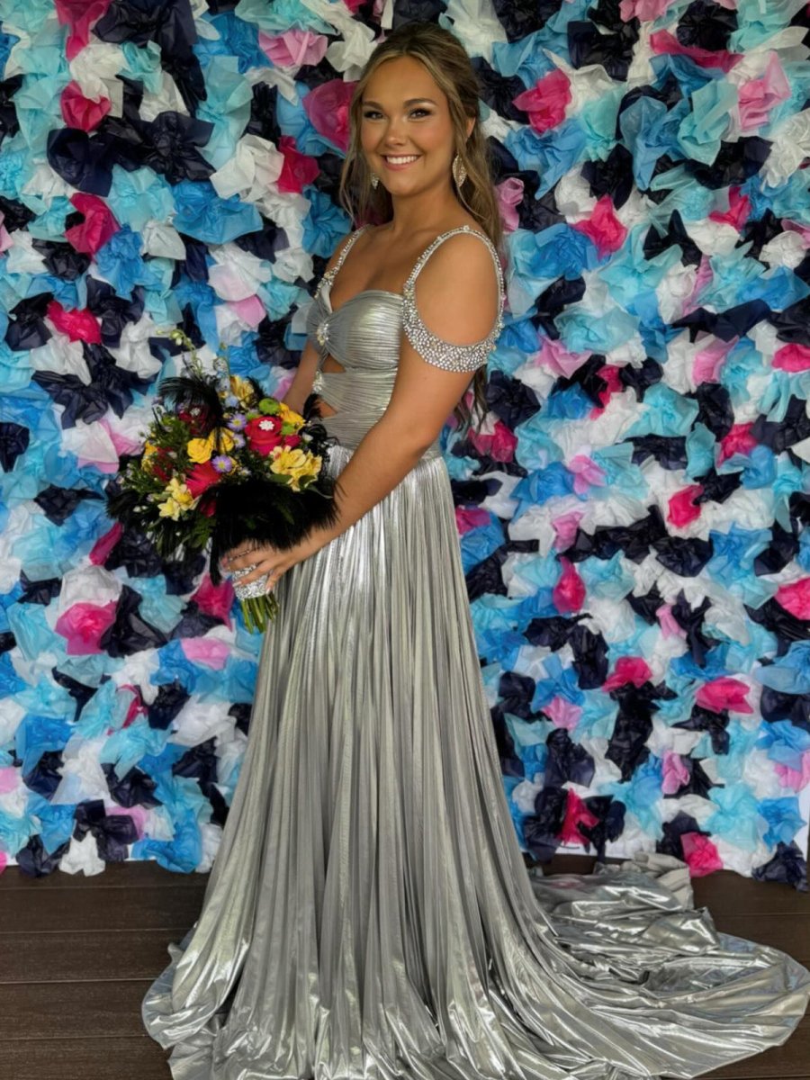 Lulu | Off the Shoulder Gold A-Line Metallic Pleated Long Formal Gown