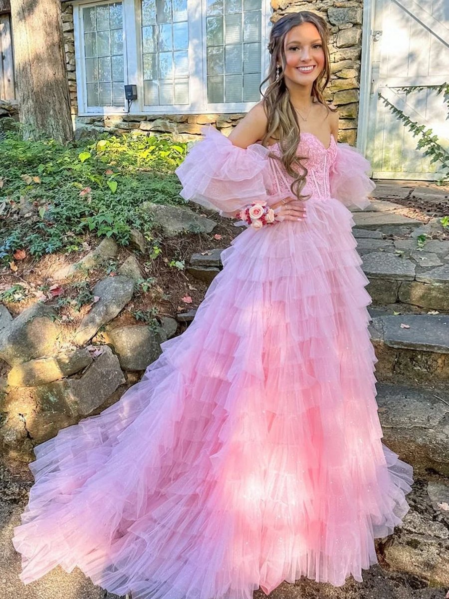 A Line Sweetheart Pink Tiered Tulle Prom Dress with Slit