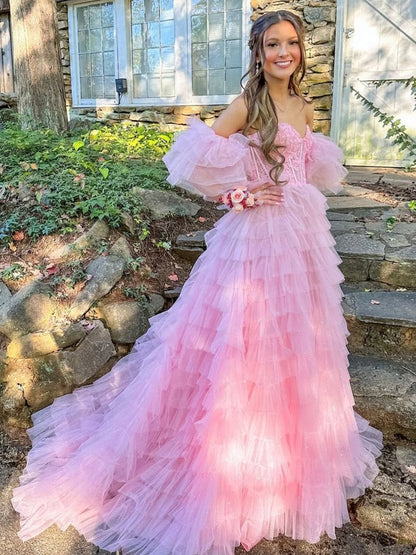 A Line Sweetheart Pink Tiered Tulle Prom Dress with Slit
