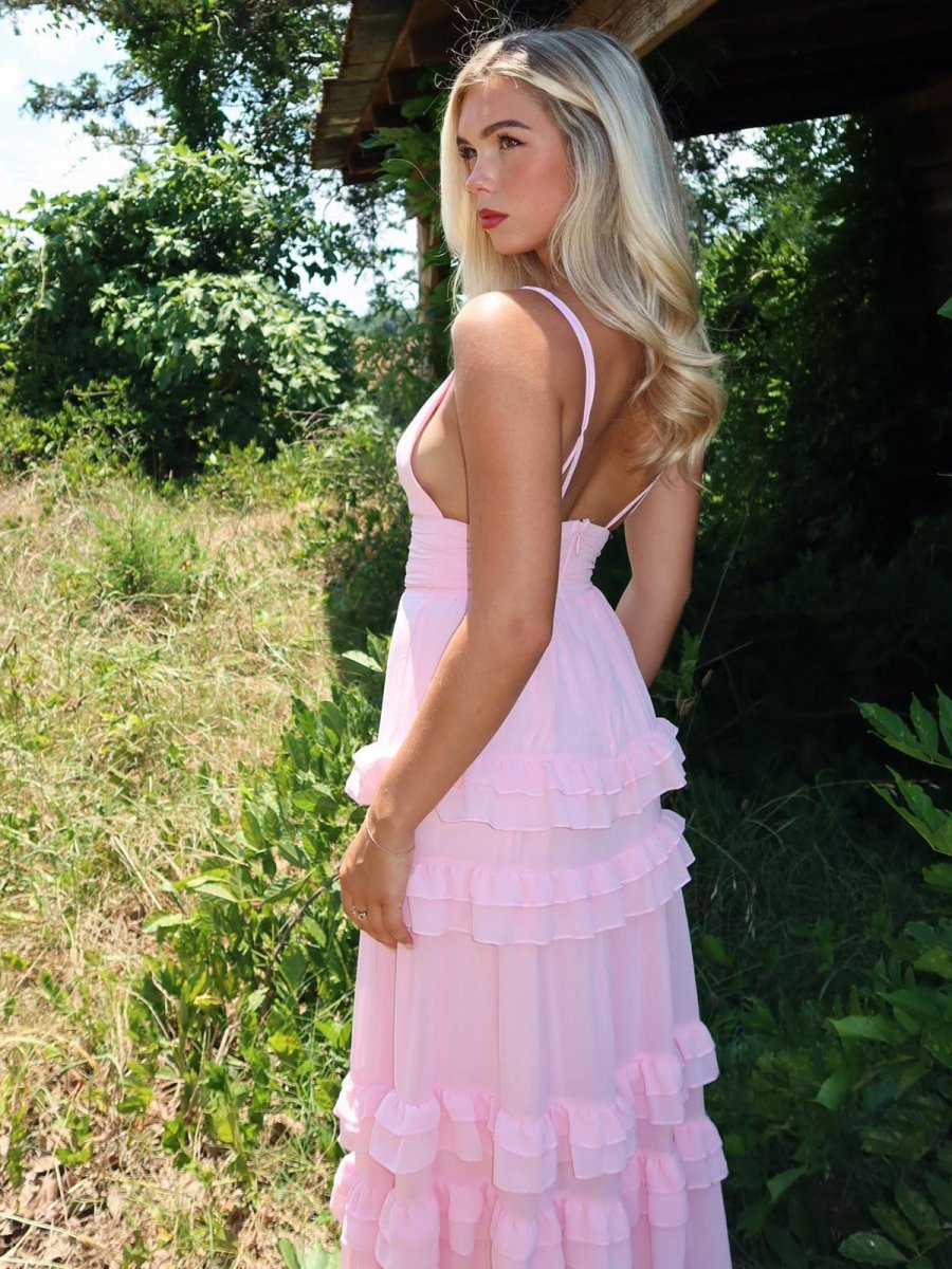 A Line Pink Chiffon Tiered Ruffles Long Prom Dress