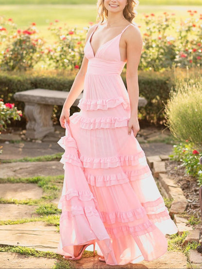 A Line Pink Chiffon Tiered Ruffles Long Prom Dress