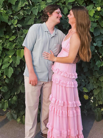 A Line Pink Chiffon Tiered Ruffles Long Prom Dress