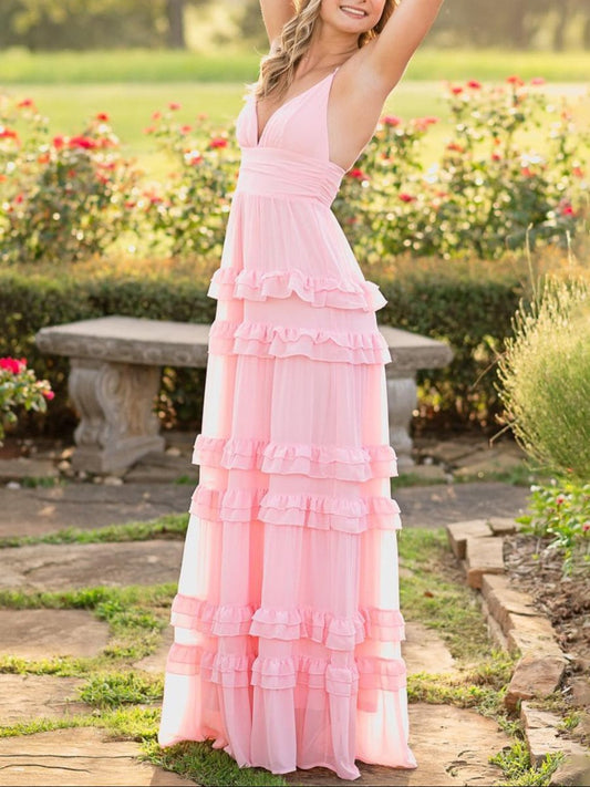 A Line Pink Chiffon Tiered Ruffles Long Prom Dress