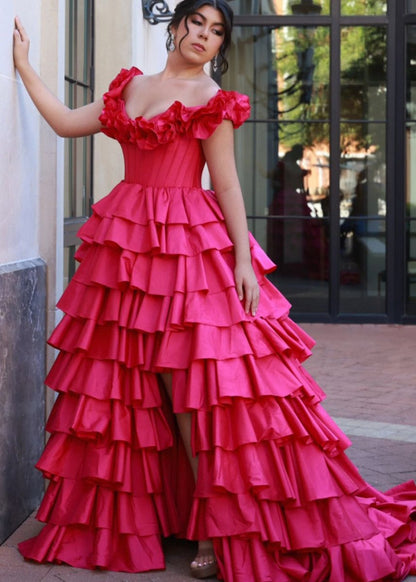 Madelynn | Off-Shoulder Ruched A-Line Layered Satin Prom Dress with Slit