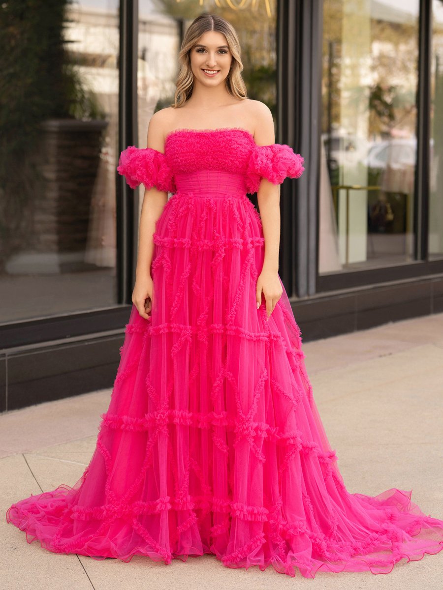 Sevoba|A-Line Strapless Ruffles Long Formal Dress with Puff Sleeves