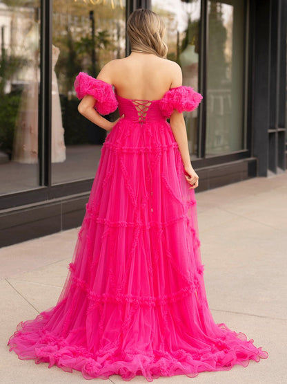 Sevoba|A-Line Strapless Ruffles Long Formal Dress with Puff Sleeves