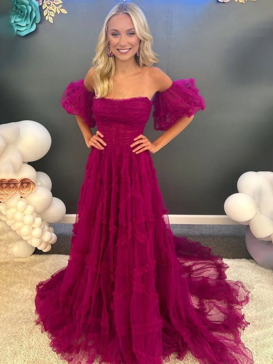 Sevoba|A-Line Strapless Ruffles Long Formal Dress with Puff Sleeves