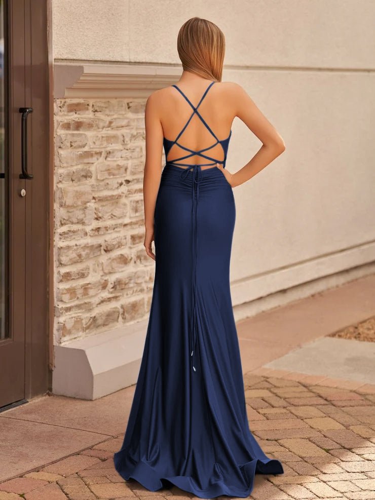 Sevoba|Cute Mermaid V Neck Blue Satin Slit Prom Dress