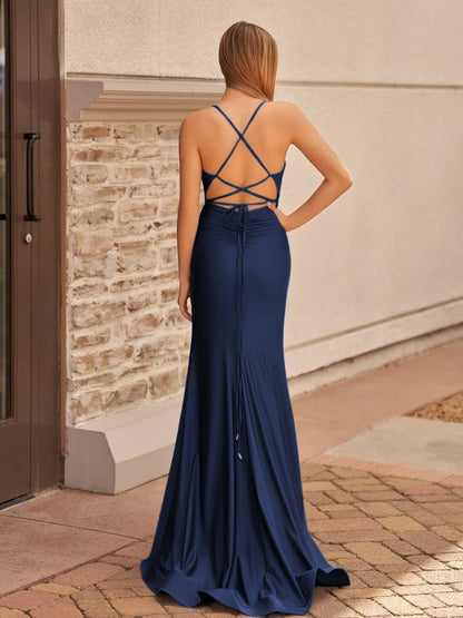 Sevoba|Cute Mermaid V Neck Blue Satin Slit Prom Dress