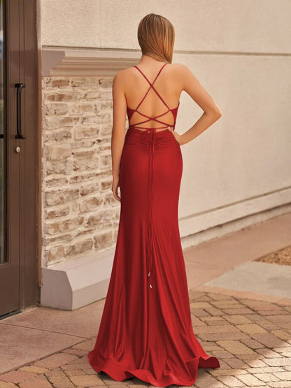 Sevoba|Cute Mermaid V Neck Blue Satin Slit Prom Dress