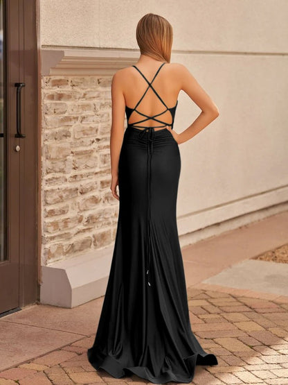 Sevoba|Cute Mermaid V Neck Blue Satin Slit Prom Dress