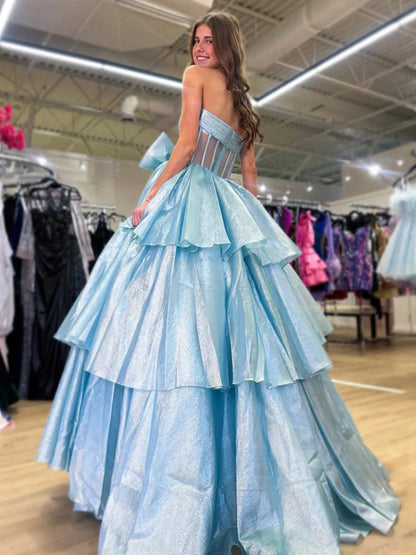 Malvis | Ball Gown Strapless Organza Long Prom Dresses with Bow
