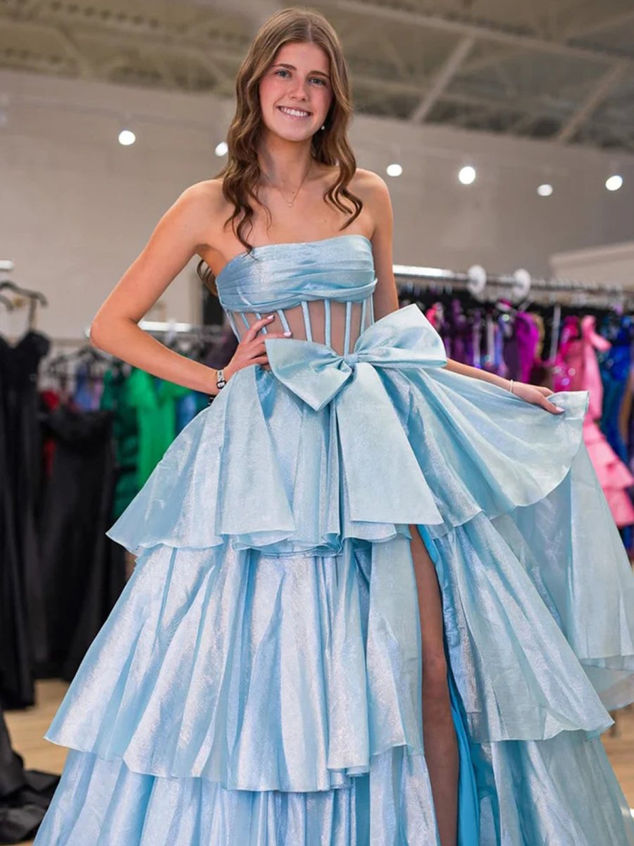 Malvis | Ball Gown Strapless Organza Long Prom Dresses with Bow