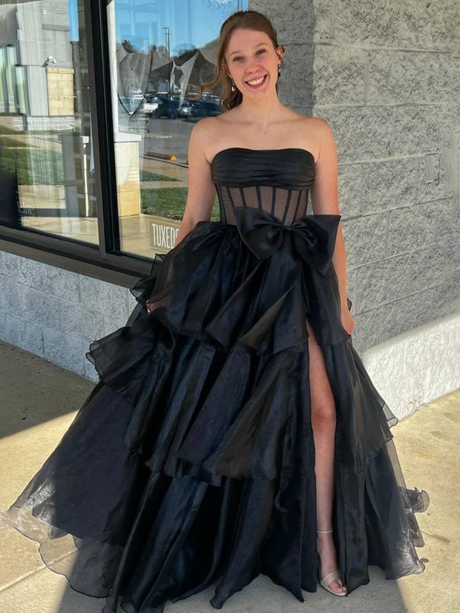 Malvis | Ball Gown Strapless Organza Long Prom Dresses with Bow