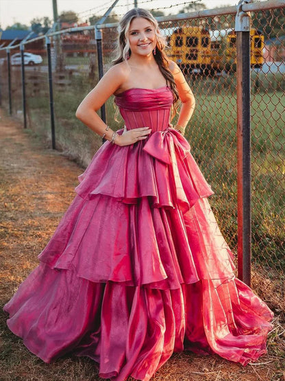 Malvis | Ball Gown Strapless Organza Long Prom Dresses with Bow