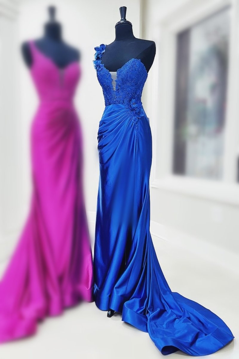 Mandel|Red One-Shoulder 3D Floral Lace Pleated Long Gown with Slit