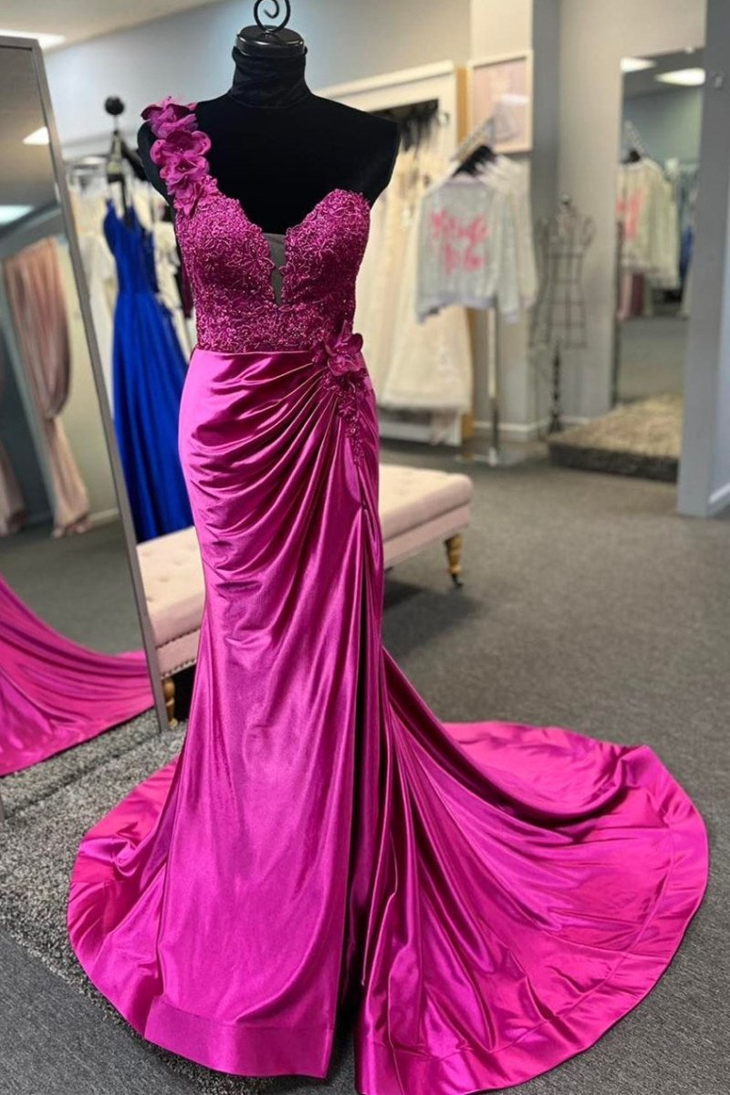 Mandel|Red One-Shoulder 3D Floral Lace Pleated Long Gown with Slit