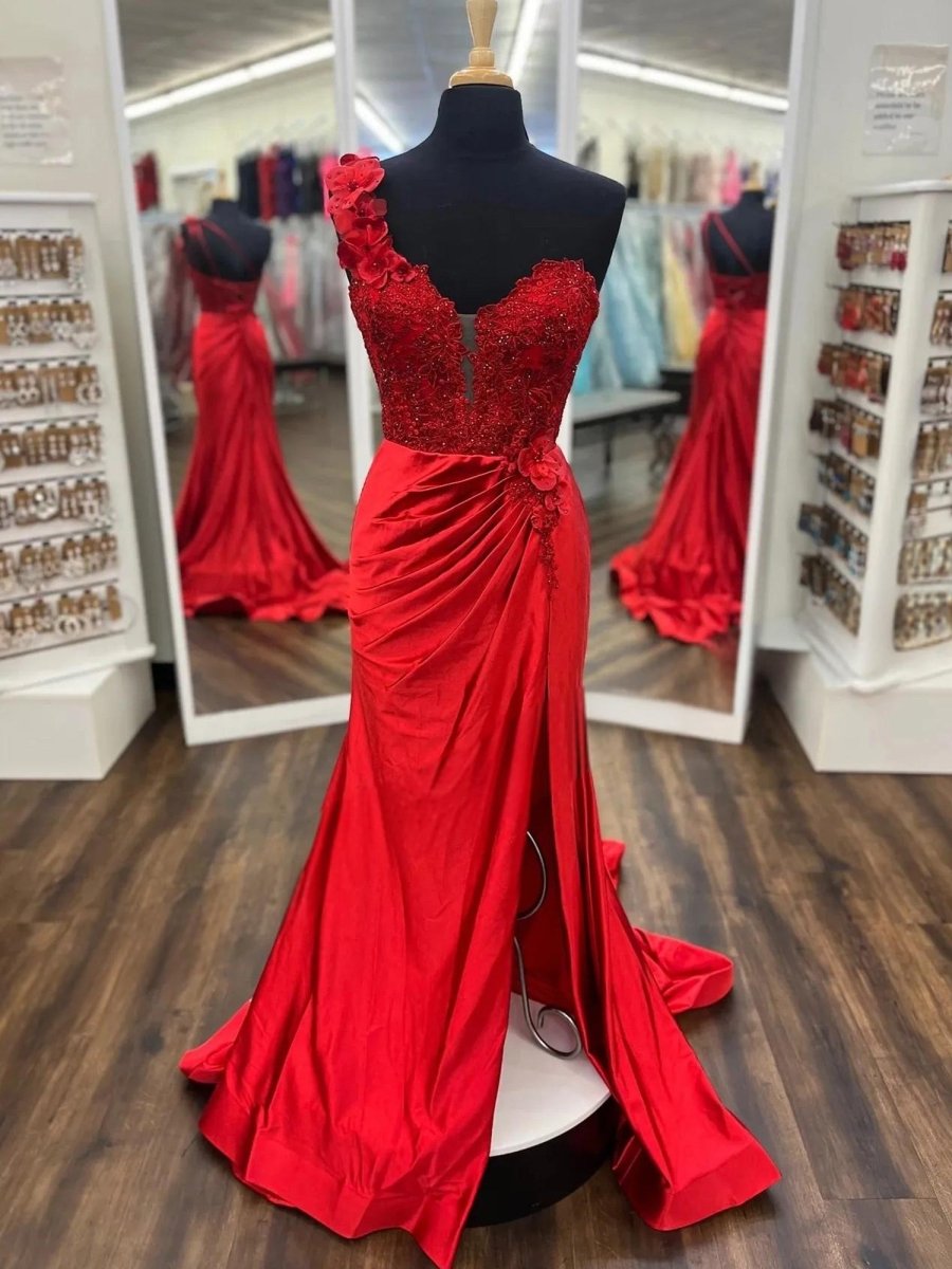 Mandel|Red One-Shoulder 3D Floral Lace Pleated Long Gown with Slit