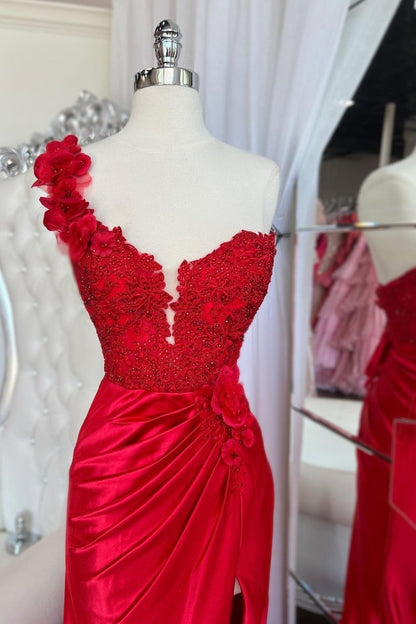 Mandel|Red One-Shoulder 3D Floral Lace Pleated Long Gown with Slit
