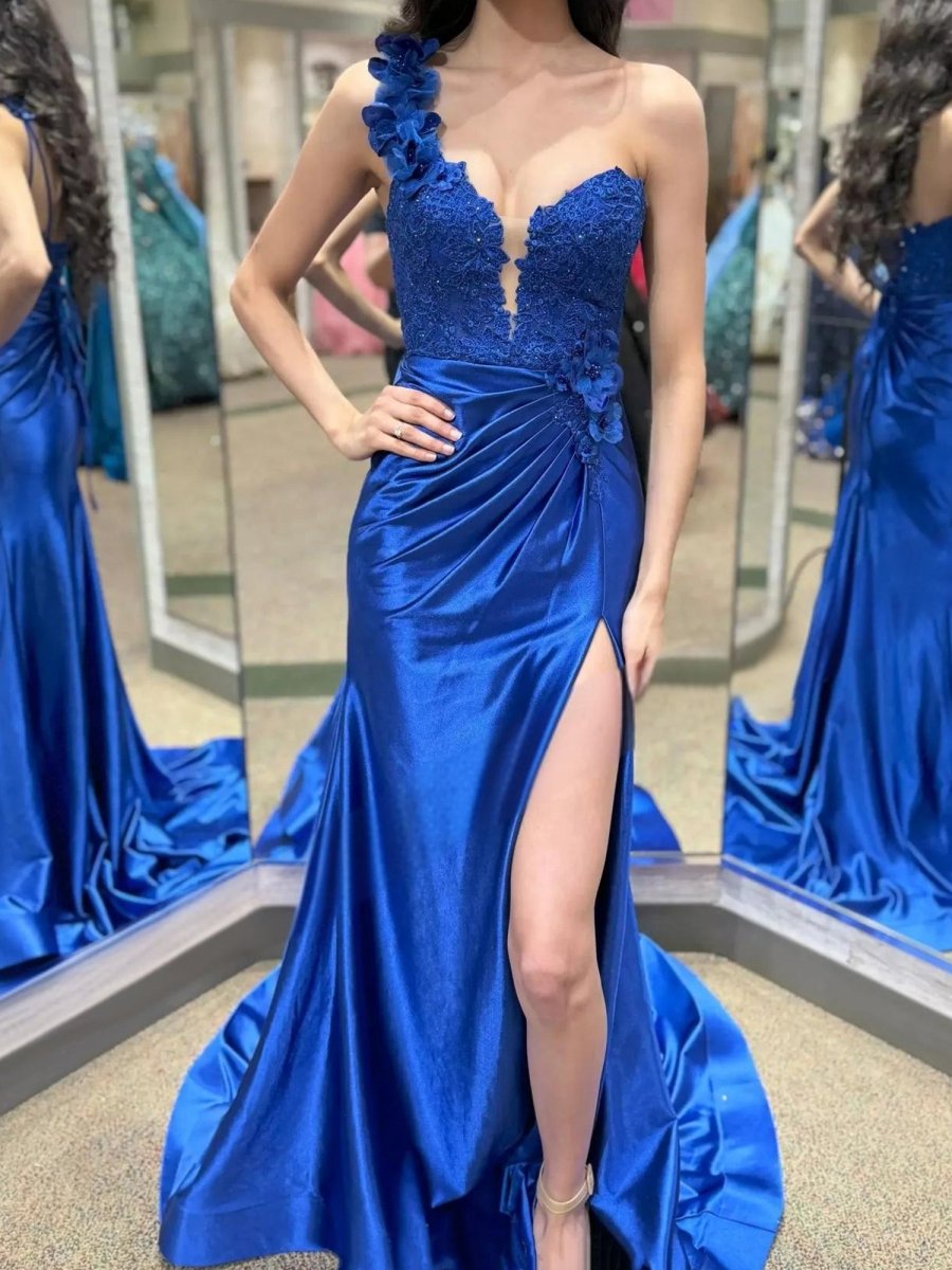 Mandel|Red One-Shoulder 3D Floral Lace Pleated Long Gown with Slit