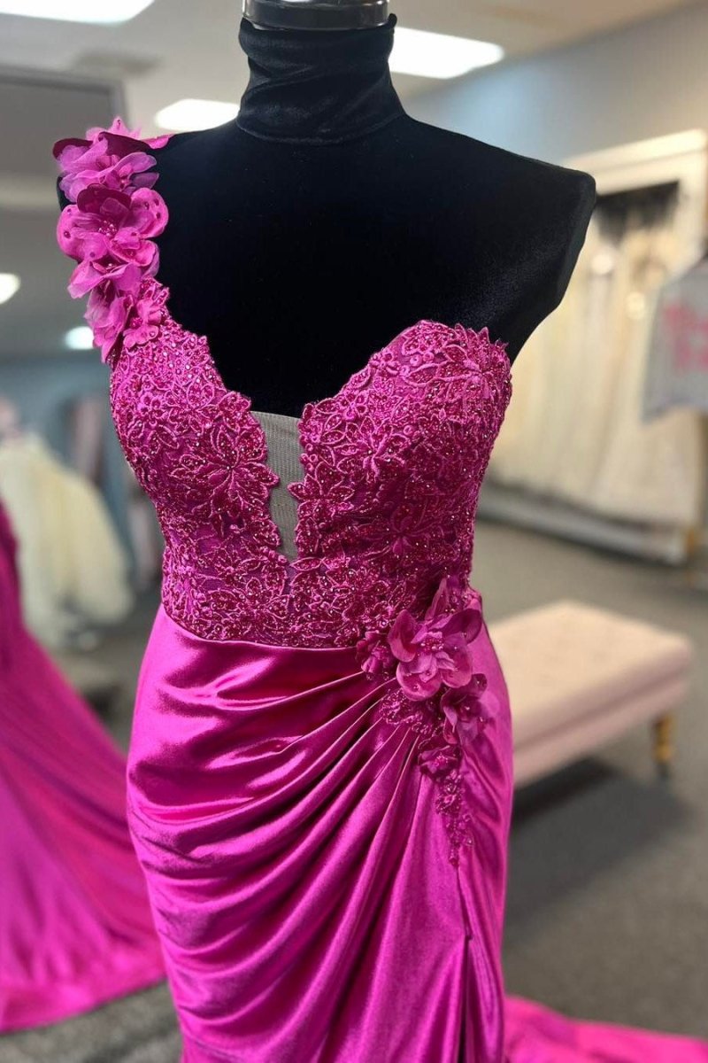 Mandel|Red One-Shoulder 3D Floral Lace Pleated Long Gown with Slit