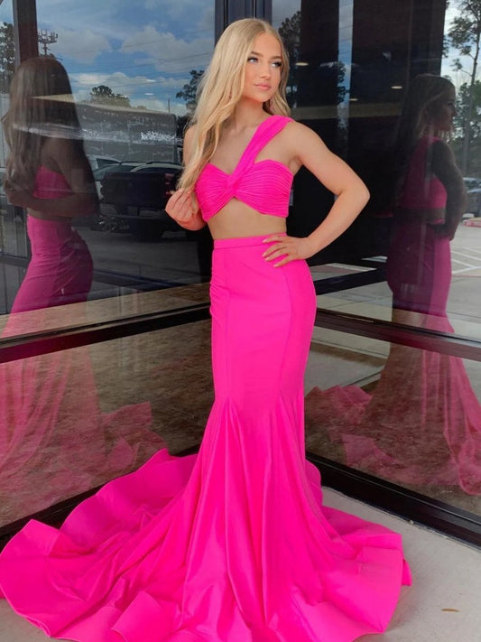 Maven | Hot Pink Two Piece One Shoulder Satin Mermaid Prom Dress