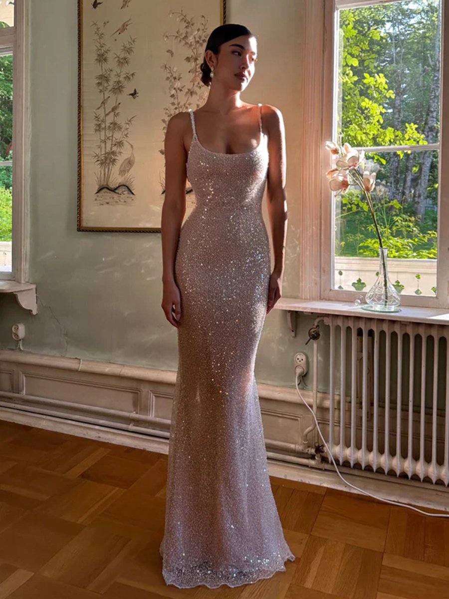 McKoye| Simple Pink Mermaid Straps Sequin Prom Dresses With Split