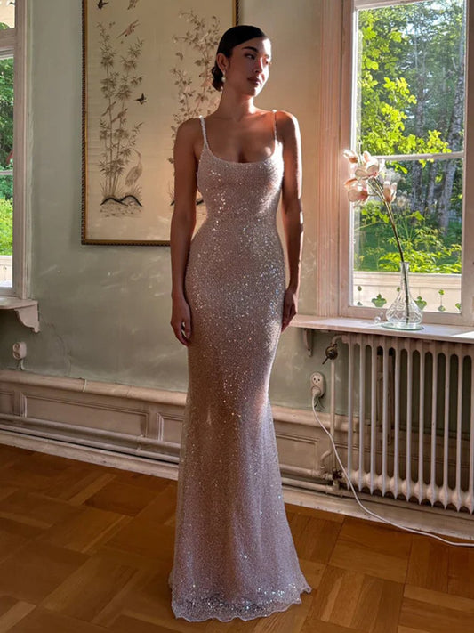 McKoye| Simple Pink Mermaid Straps Sequin Prom Dresses With Split