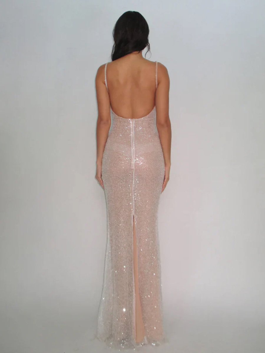 McKoye| Simple Pink Mermaid Straps Sequin Prom Dresses With Split