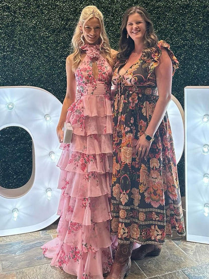 Melinda | Pink A Line Hatler Floral Chiffon Tiered Long Prom Dress