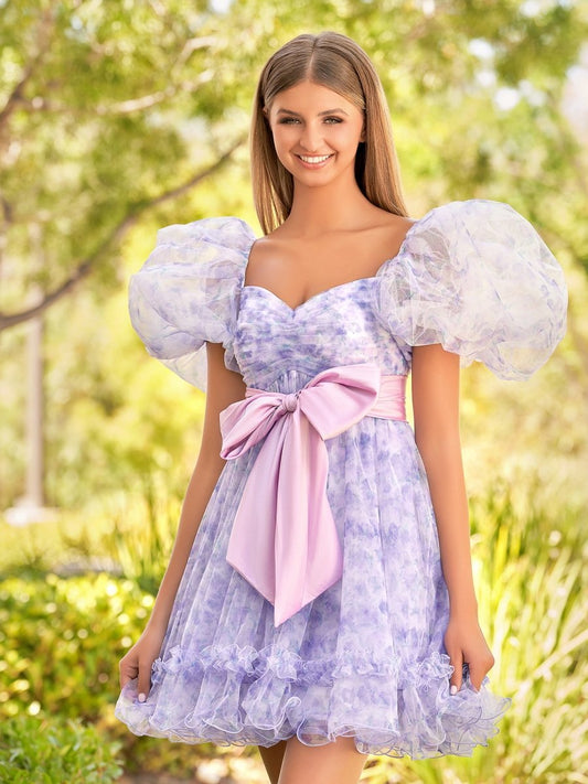 Sevoba|A-Line Sweetheart Lavender Short Homecoming Dress With Puff Sleeves