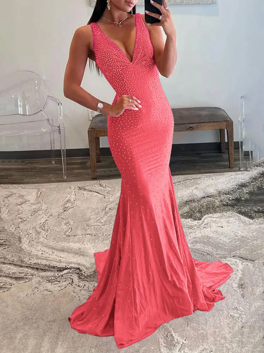 Sevoba | Mermaid Deep V-Neck Beaded Satin Long Prom Dress