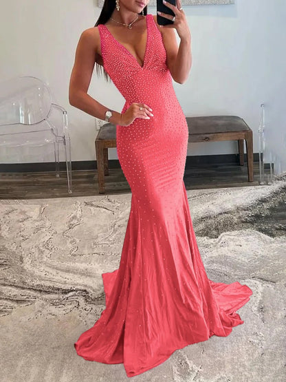 Sevoba | Mermaid Deep V-Neck Beaded Satin Long Prom Dress