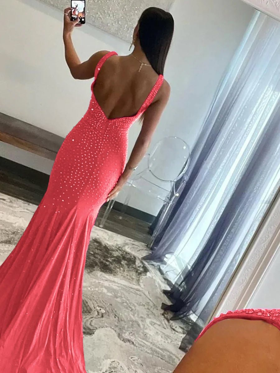 Sevoba | Mermaid Deep V-Neck Beaded Satin Long Prom Dress