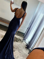 Sevoba | Mermaid Deep V-Neck Beaded Satin Long Prom Dress