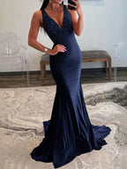 Sevoba | Mermaid Deep V-Neck Beaded Satin Long Prom Dress