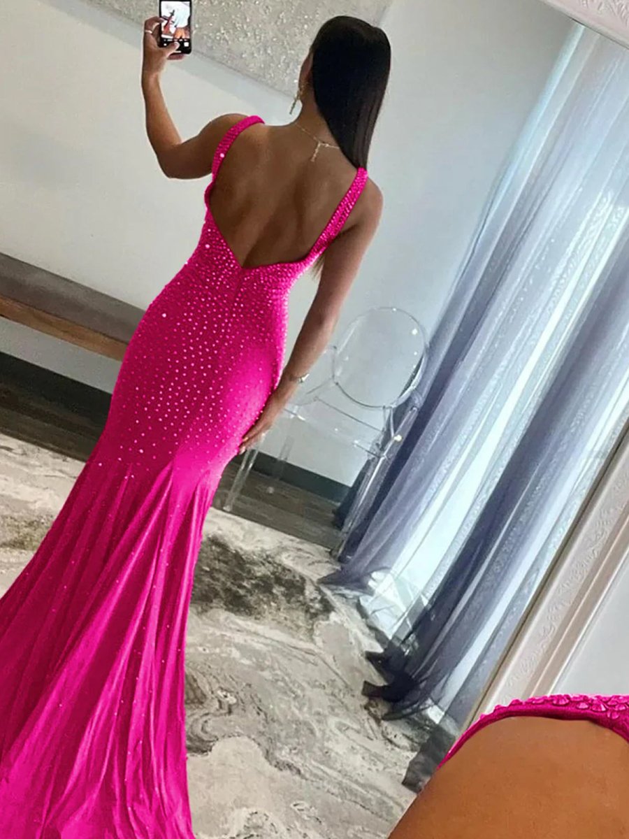 Sevoba | Mermaid Deep V-Neck Beaded Satin Long Prom Dress