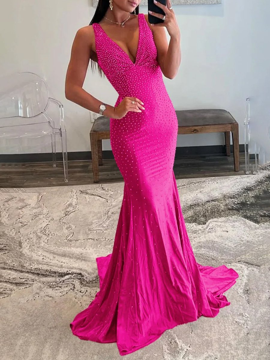 Sevoba | Mermaid Deep V-Neck Beaded Satin Long Prom Dress
