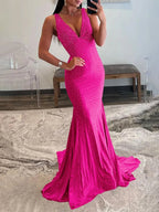 Sevoba | Mermaid Deep V-Neck Beaded Satin Long Prom Dress